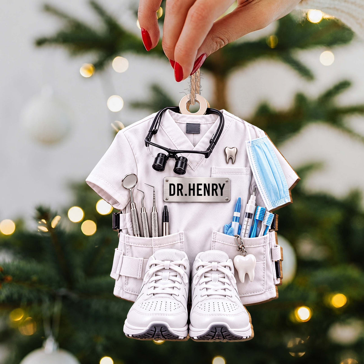 Personalized Dentist Wooden Ornament – Custom Name Dental Scrub Uniform Christmas Tree Keepsake, Dentist Appreciation Gift - DOC001_WDO