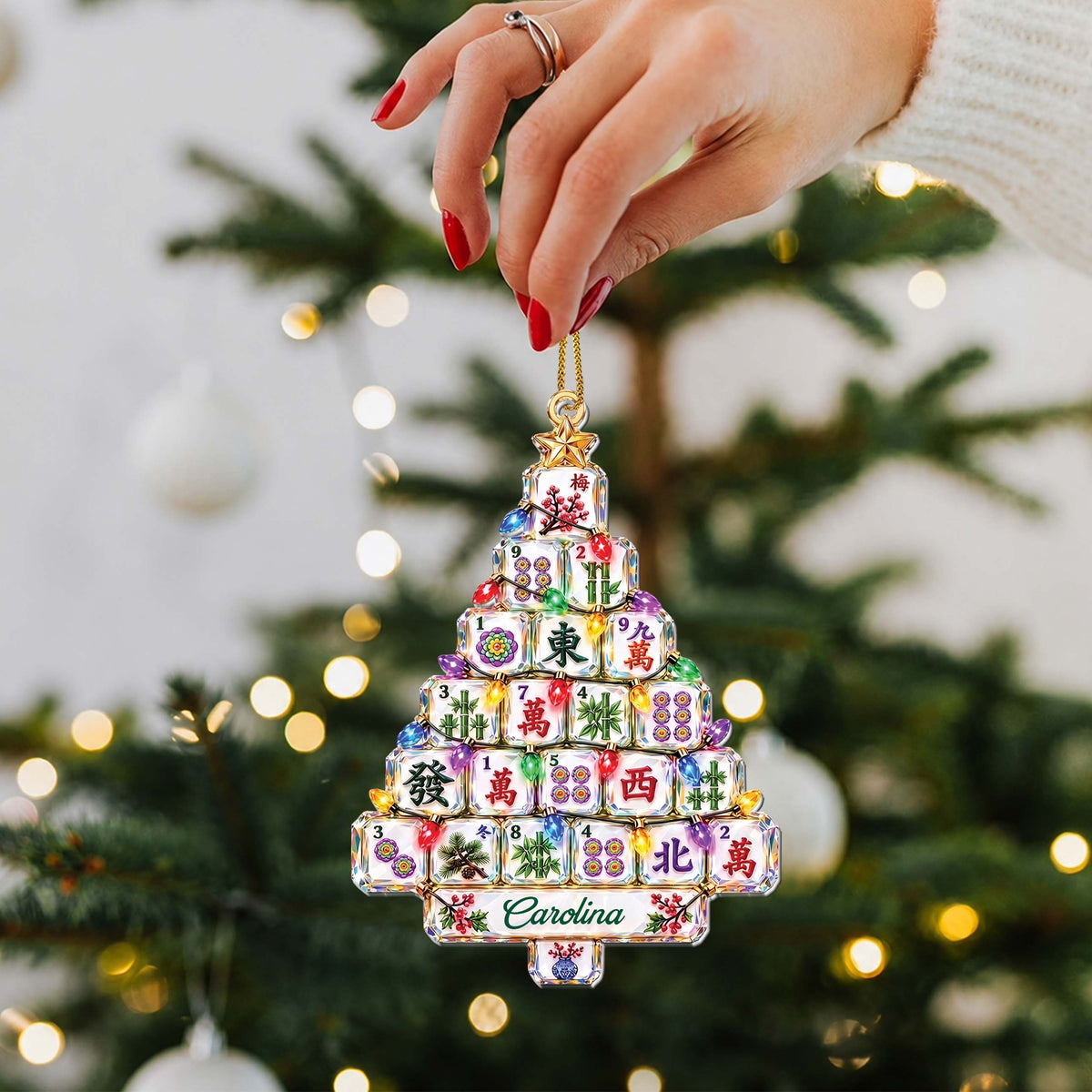 Personalized Mahjong Christmas Tree-Shaped Acrylic Ornament – Custom Name, Mahjong Tiles & Pagoda Design, Gift for Mahjong Lovers - XMAS017_ACO