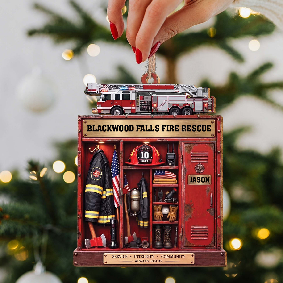 Personalized Firefighter Locker & Fire Truck Christmas Ornament – Custom Shaped Wood Ornament with Name, Firefighter Gift - FIF001_WDO