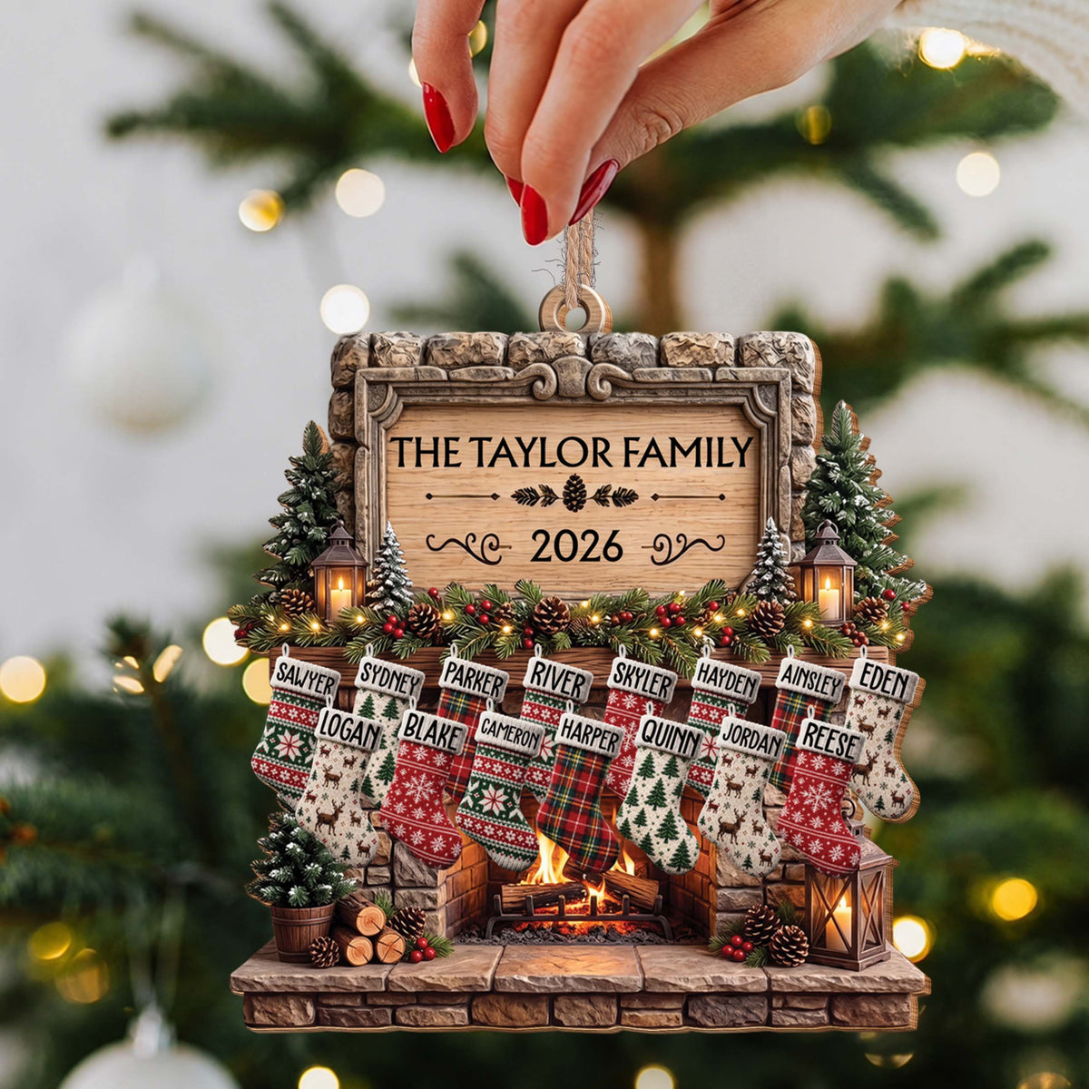 Personalized Family Fireplace Wooden Ornament – Custom Christmas Tree Decor with Stockings and Names, Festive Holiday Gift - FAM009_WDO