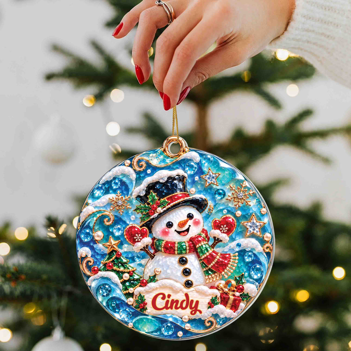 Personalized Snowman Christmas Ornament with Name – Blue Sea Glass-Inspired Acrylic Ornament – Christmas Gift for Kids - XMAS013_ACO