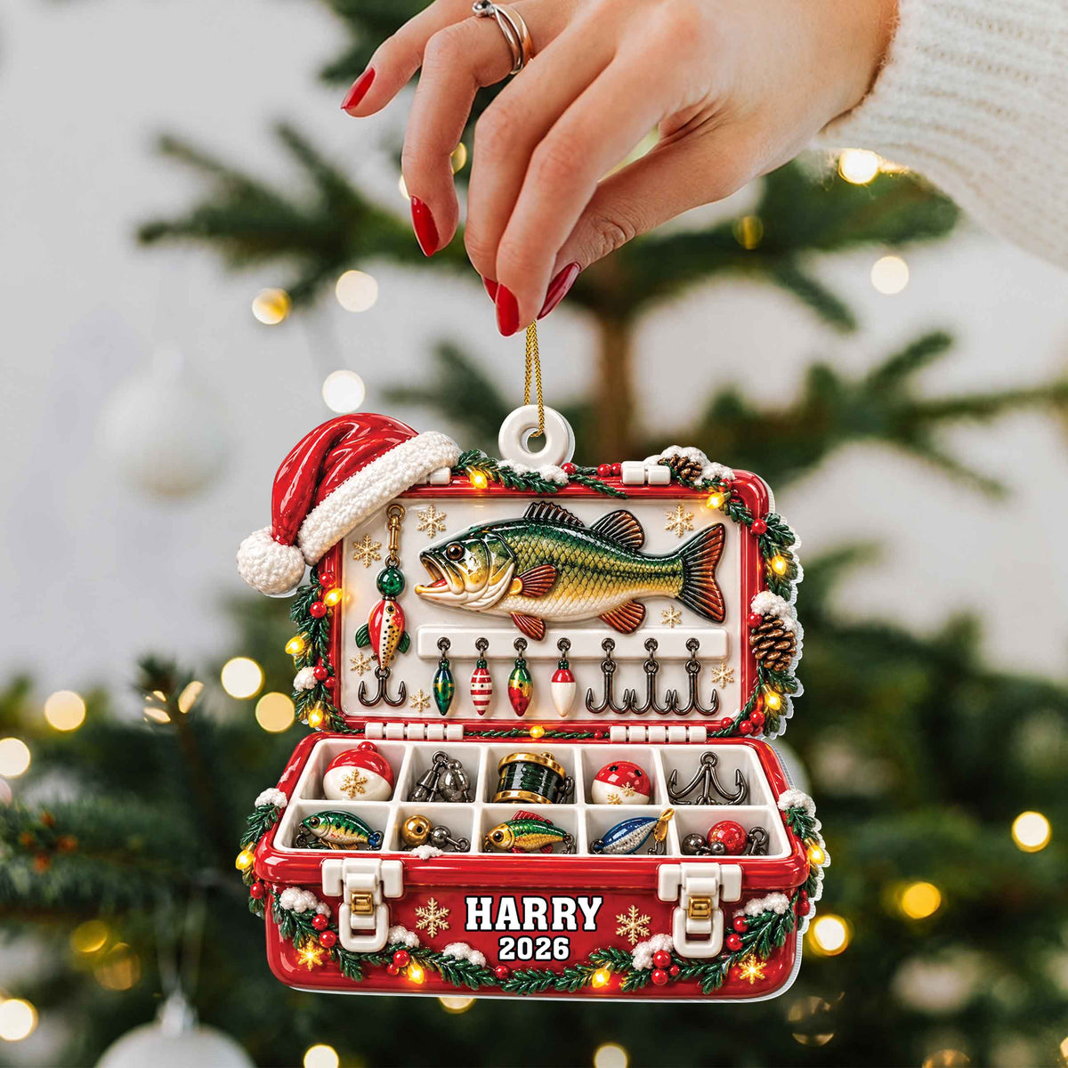 Personalized Fishing Tackle Box Custom Wood Ornament – Unique Christmas Tree Decoration, Custom Name Holiday Gift for Fisherman - XMAS022_WDO