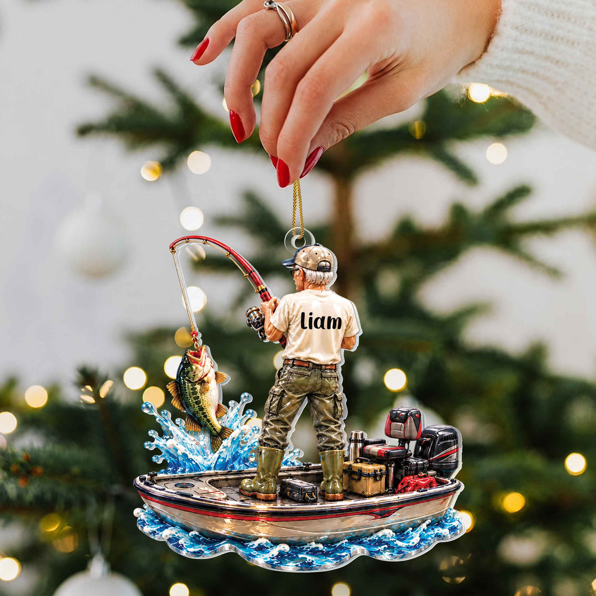 Personalized Fisherman Catching Bass Acrylic Ornament – Custom Name Christmas Tree Holiday Keepsake, Fishing Lover Gift - XMAS023_ACO