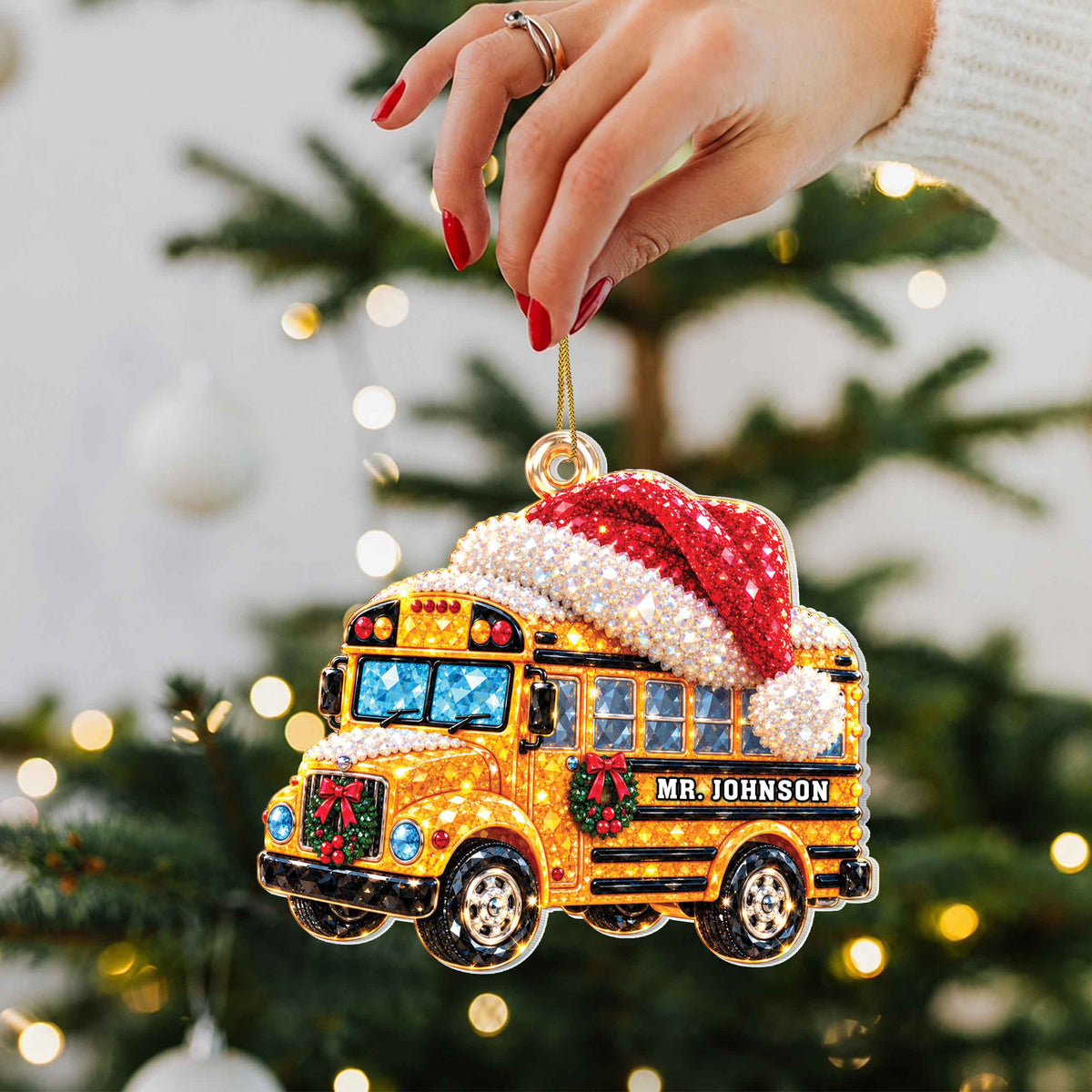 Personalized School Bus Christmas Ornament with Santa Hat & Crystal-Effect Design – White Acrylic Ornament, Bus Driver Gift – JBS005_ACO