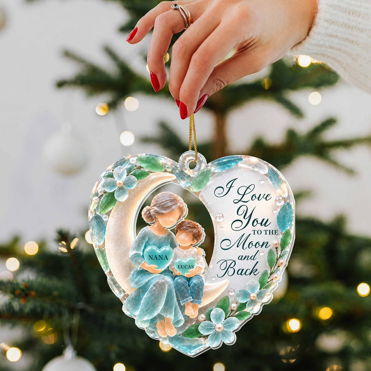 Nana & Grandson Moonlight Keepsake – Personalized Sea Glass Heart Acrylic Ornament, Christmas Gift – GRK002_ACO