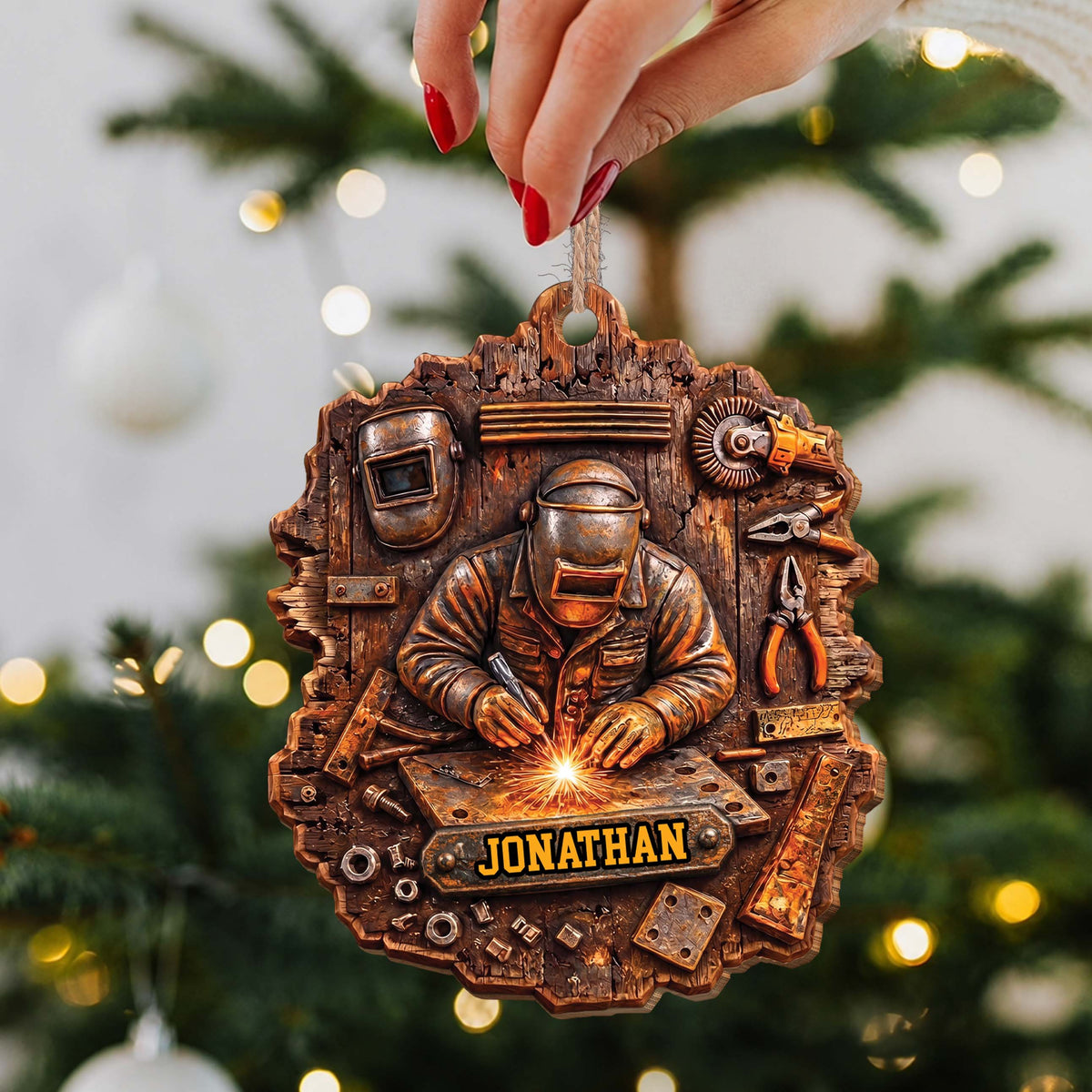 Personalized Welder Ornament With Name & Workshop Tools - Custom Rustic Wood Christmas Ornament, Welding Gift for Him - JBS007_WDO