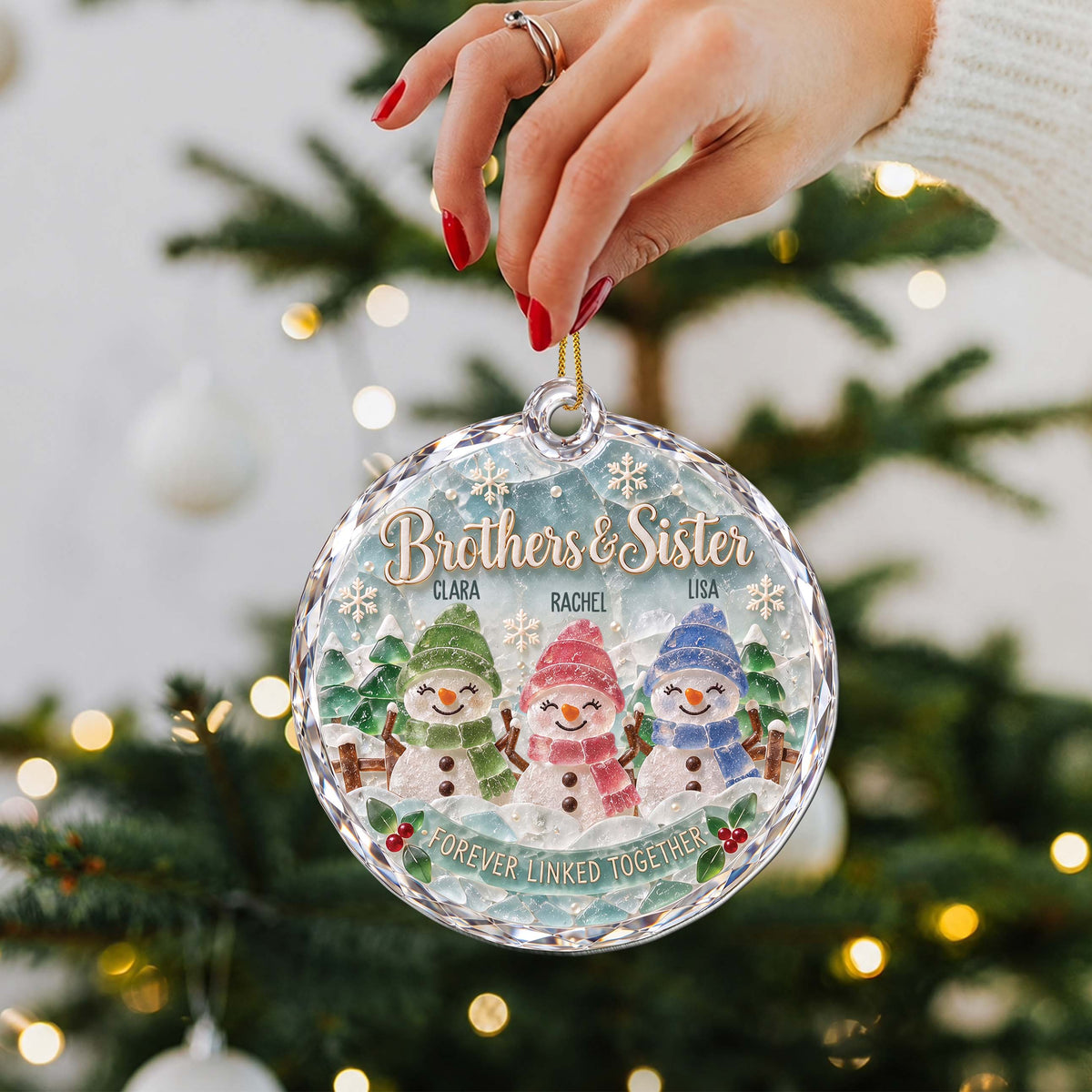 Personalized Sibling Snowman Ornament With Names - Custom Sea Glass-Inspired Acrylic Christmas Ornament, Forever Linked Together Gift for Brothers & Sisters - FAM005_ACO