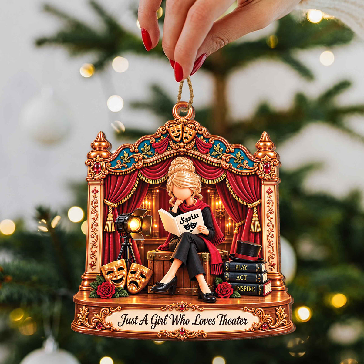 Personalized Theater Girl Wooden Ornament – Custom Name Drama Club Christmas Tree Decor, Unique Gift For Actress And Theater Lovers - HOB003_WDO