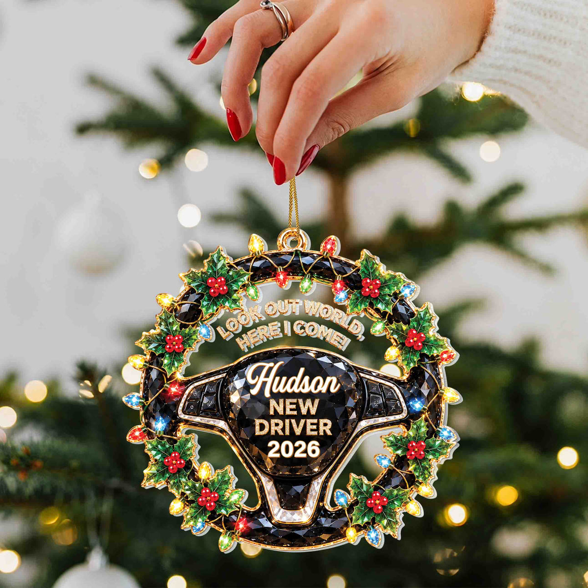 Personalized New Driver Christmas Ornament with Name & Year – Steering Wheel Acrylic Ornament – Christmas Gift for Teen Drivers - XMAS012_ACO