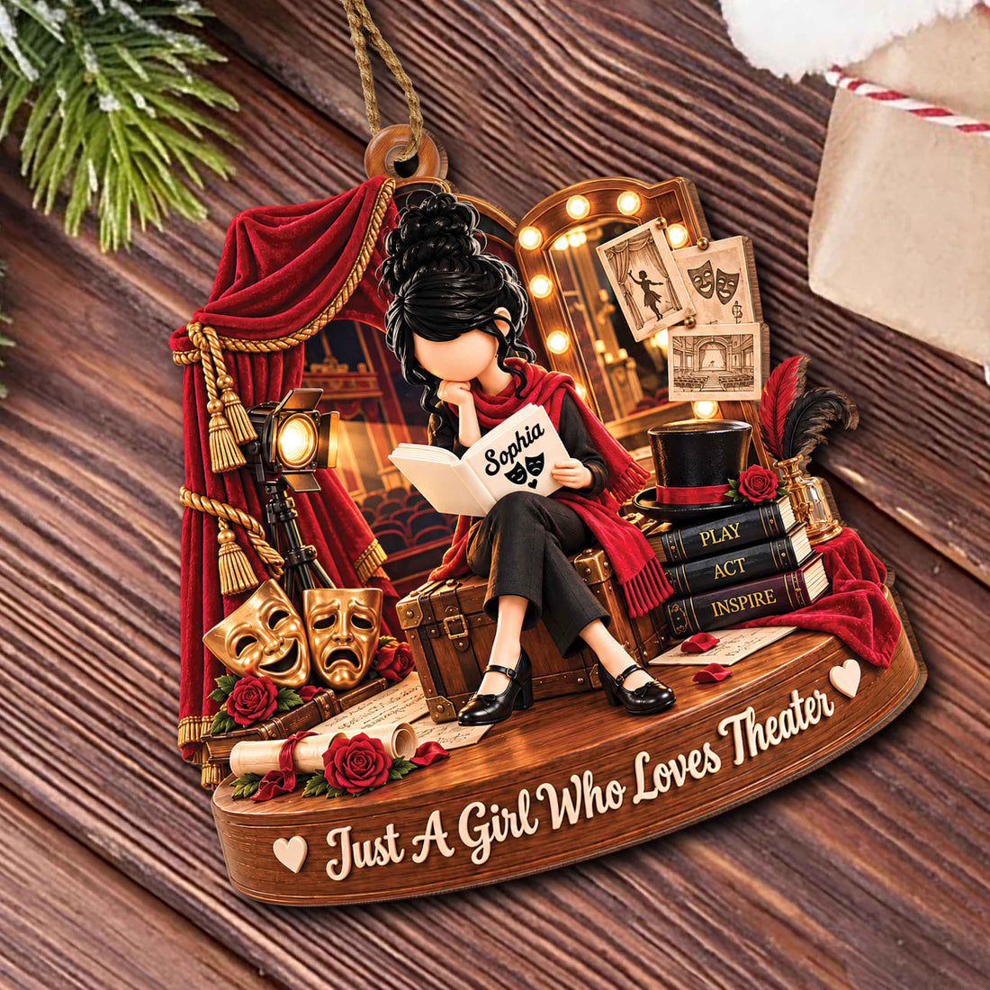 Personalized Theater Lover Wooden Ornament – Custom Name Drama Club Christmas Tree Keepsake, Festive Stage Gift for Actor, Actress & Theater Enthusiast - HOB002_WDO