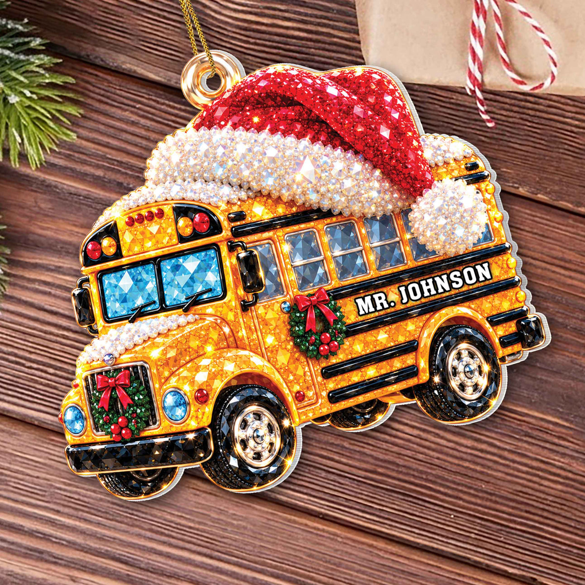 Personalized School Bus Christmas Ornament with Santa Hat & Crystal-Effect Design – White Acrylic Ornament, Bus Driver Gift – JBS005_ACO