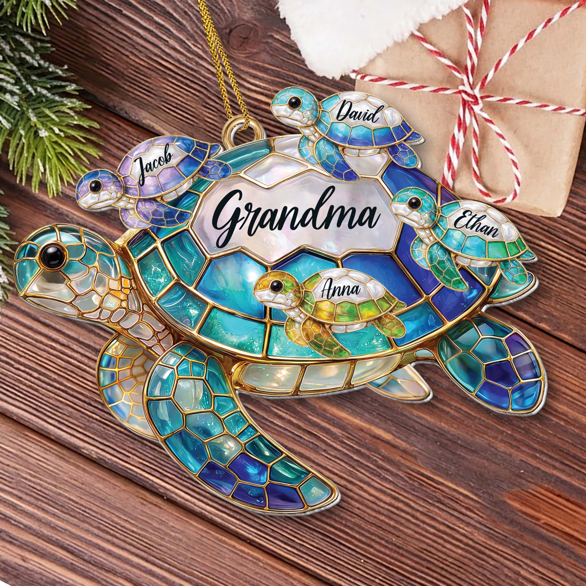 Personalized Grandma Sea Turtle Ornament With Grandkids’ Names - Custom Acrylic Christmas Ornament, Stained Glass-Inspired Turtle Family Gift for Grandma - FAM002_ACO