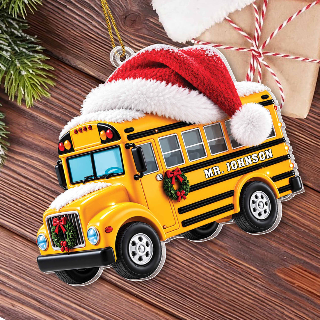 Personalized School Bus With Santa Hat & Christmas Wreath - White Acrylic Ornament - JBS004_ACO
