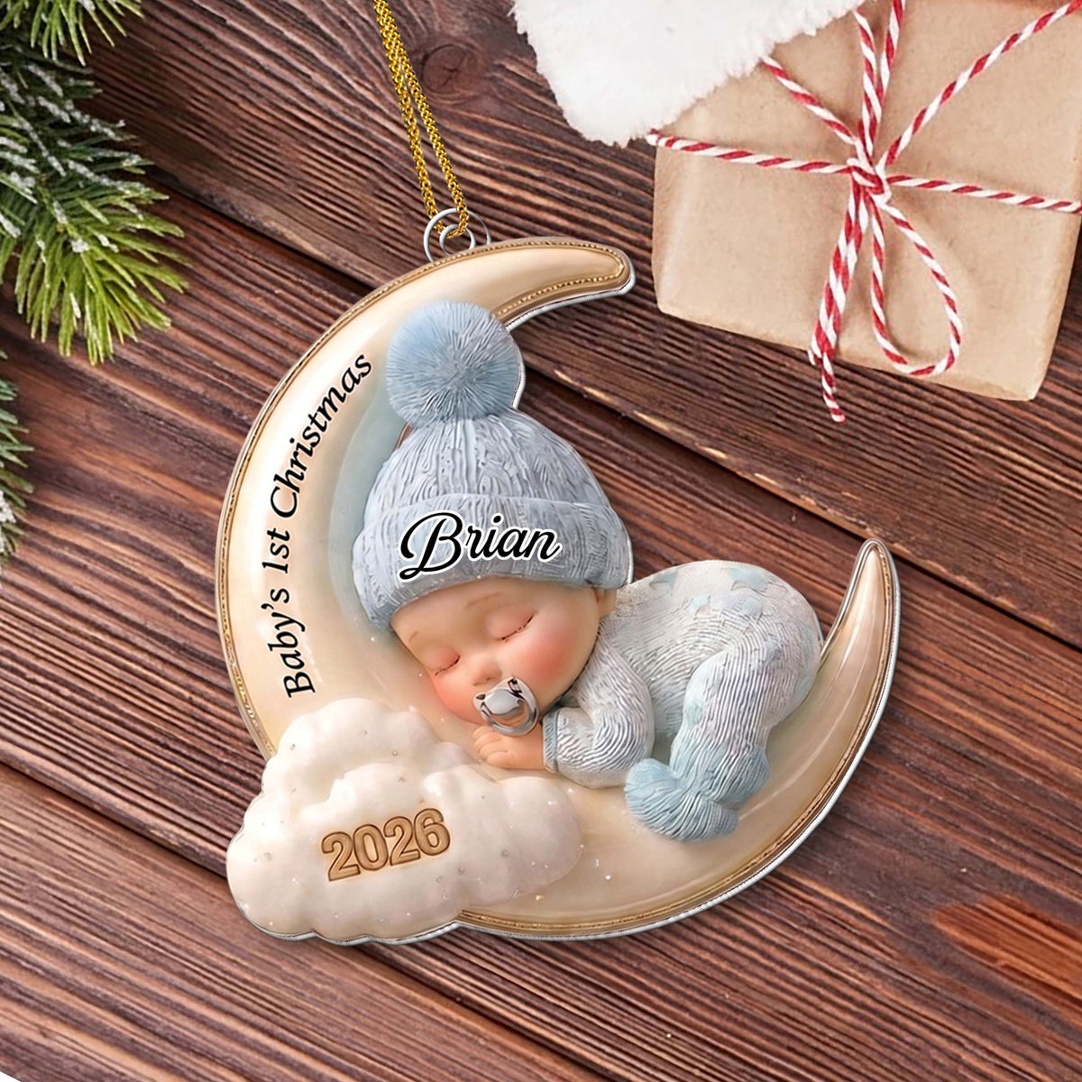 Personalized Baby's 1st Christmas Acrylic Ornament – Custom Name Blue Moon and Cloud Christmas Tree Keepsake, Baby Boy Holiday Gift - XMAS011_ACO