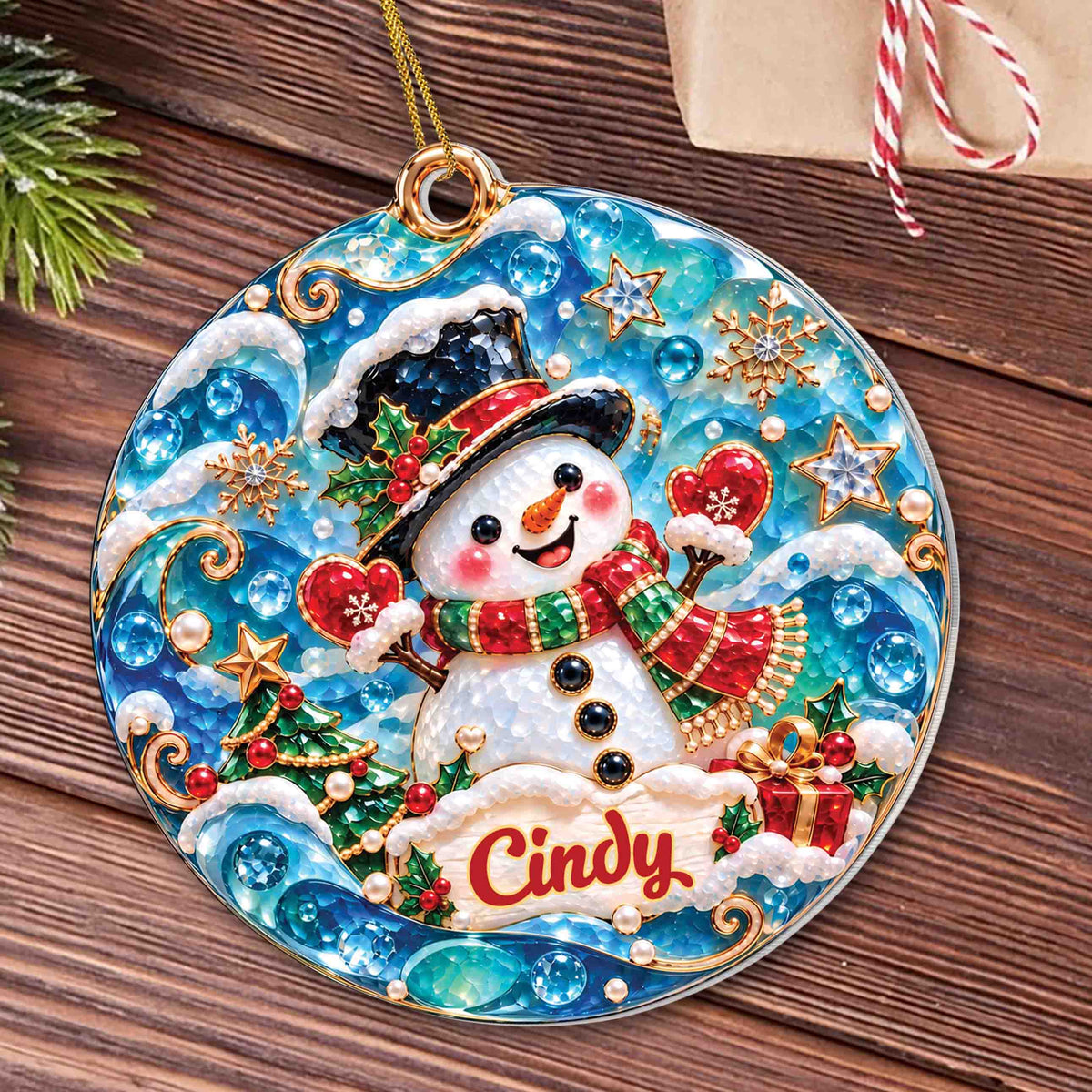 Personalized Snowman Christmas Ornament with Name – Blue Sea Glass-Inspired Acrylic Ornament – Christmas Gift for Kids - XMAS013_ACO