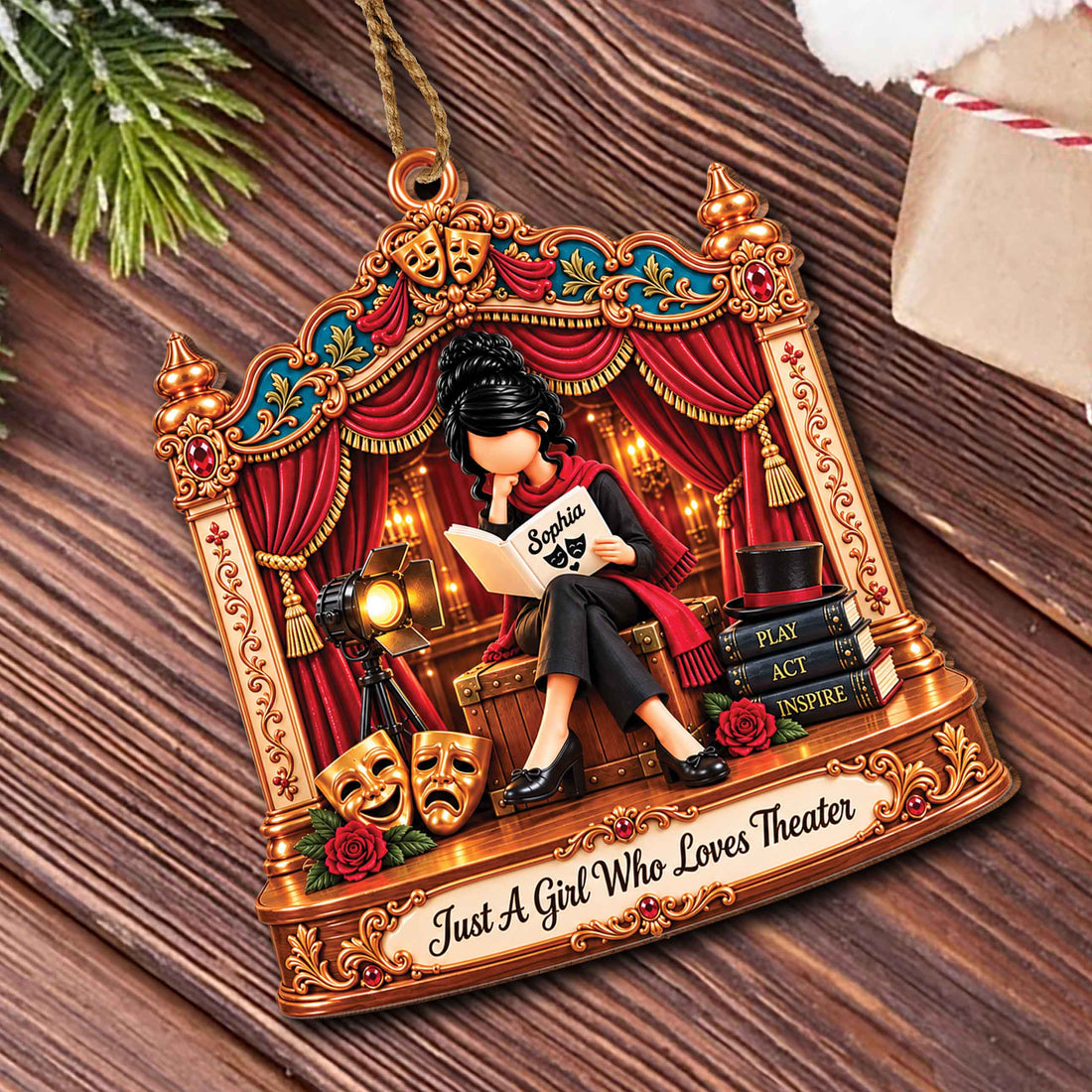 Personalized Theater Girl Wooden Ornament – Custom Name Drama Club Christmas Tree Decor, Unique Gift For Actress And Theater Lovers - HOB003_WDO