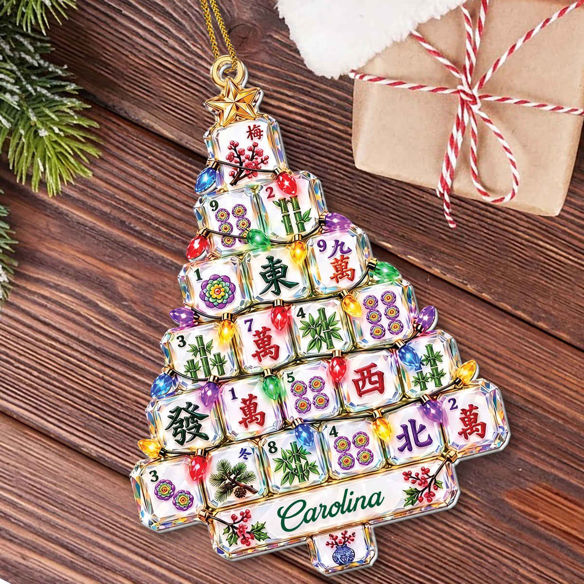Personalized Mahjong Christmas Tree-Shaped Acrylic Ornament – Custom Name, Mahjong Tiles & Pagoda Design, Gift for Mahjong Lovers - XMAS017_ACO