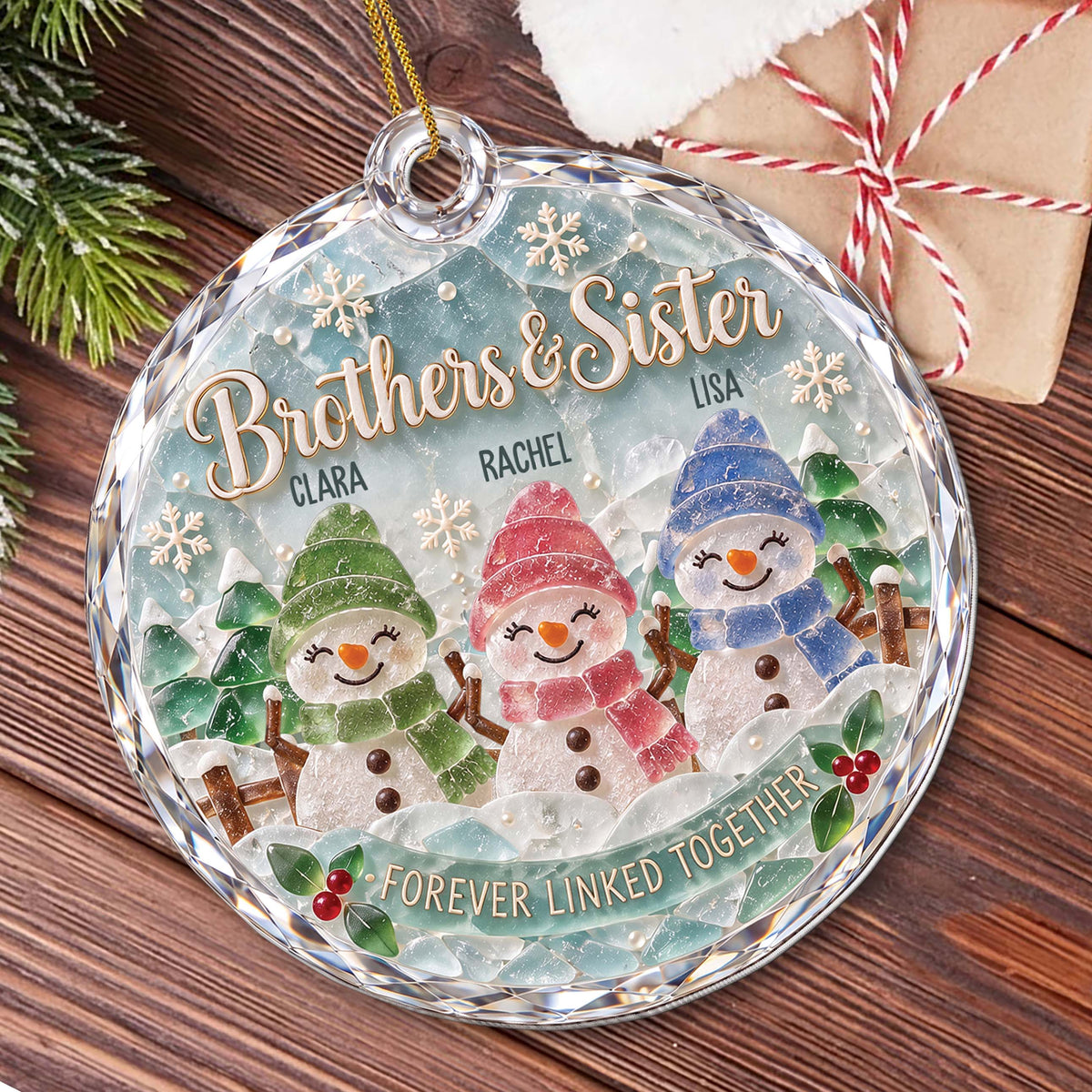 Personalized Sibling Snowman Ornament With Names - Custom Sea Glass-Inspired Acrylic Christmas Ornament, Forever Linked Together Gift for Brothers & Sisters - FAM005_ACO
