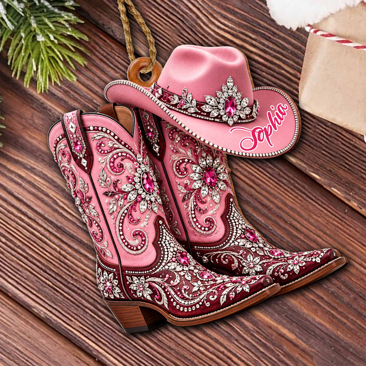 Personalized Pink Cowgirl Boots & Hat Ornament – Custom Western Christmas Ornament, Rhinestone Cowboy Gift for Her – FAM003_WDO