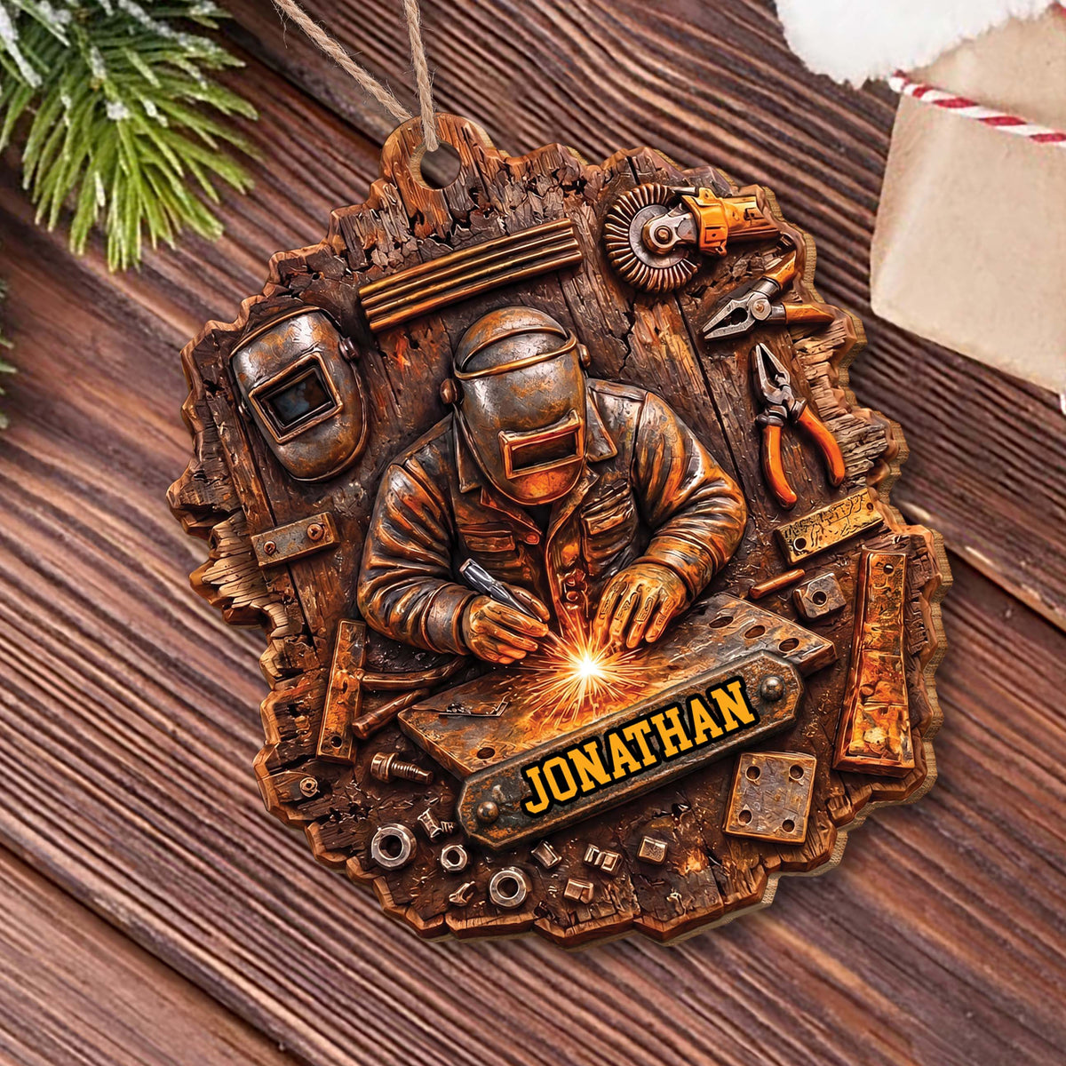 Personalized Welder Ornament With Name & Workshop Tools - Custom Rustic Wood Christmas Ornament, Welding Gift for Him - JBS007_WDO