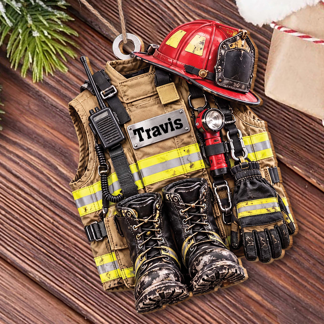 Personalized Firefighter Gear Wooden Ornament – Custom Name Firefighter Christmas Tree Decoration, Holiday Gift for Firefighter - FIF002_WDO
