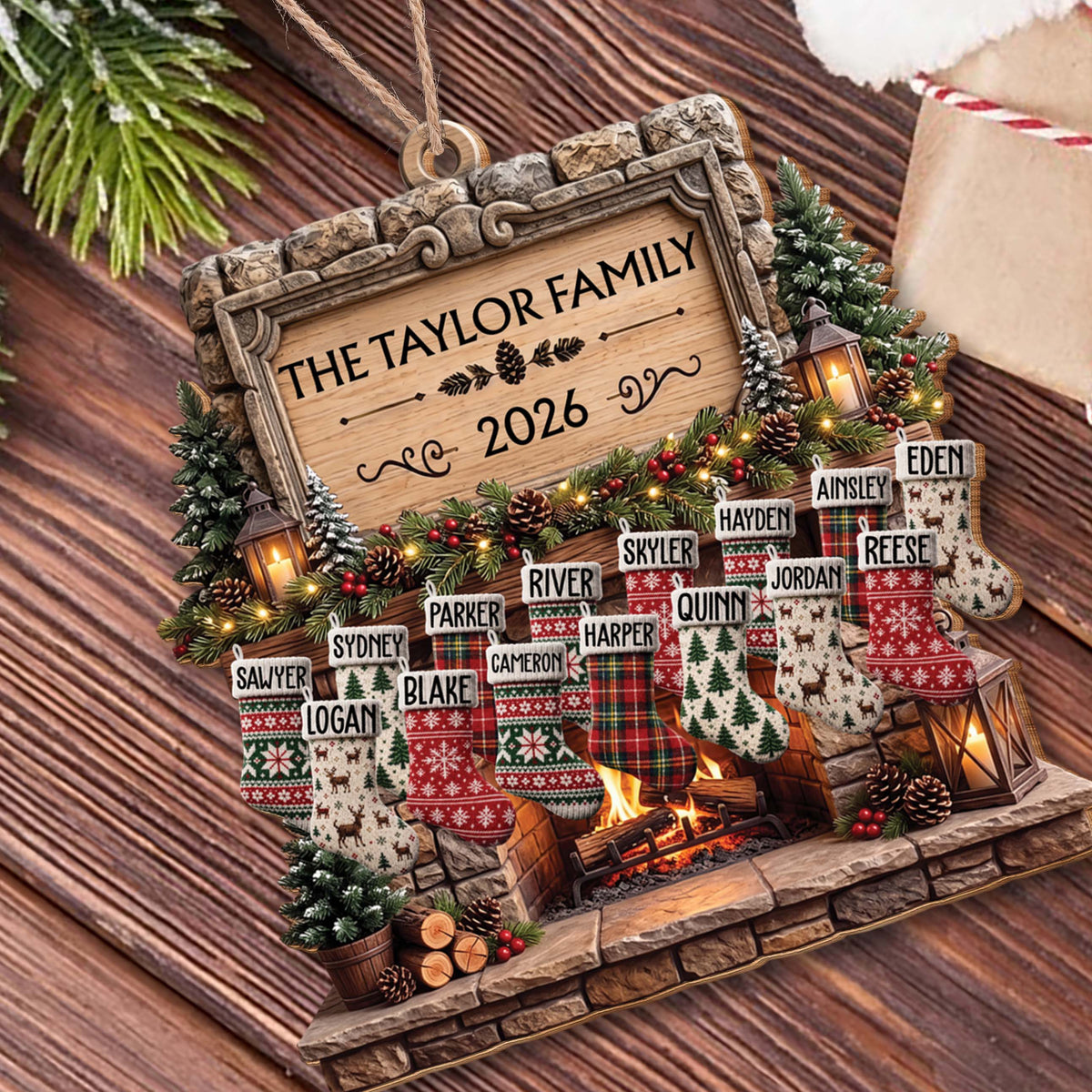 Personalized Family Fireplace Wooden Ornament – Custom Christmas Tree Decor with Stockings and Names, Festive Holiday Gift - FAM009_WDO