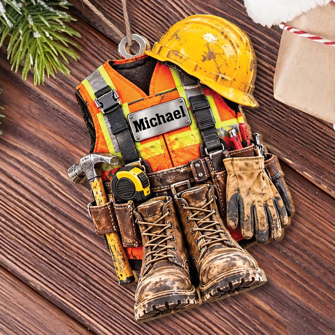 Personalized Construction Worker Wooden Ornament – Custom Name Hard Hat & Vest Christmas Tree Decor, Patriotic Christmas Gift For Handyman - JBS015_WDO
