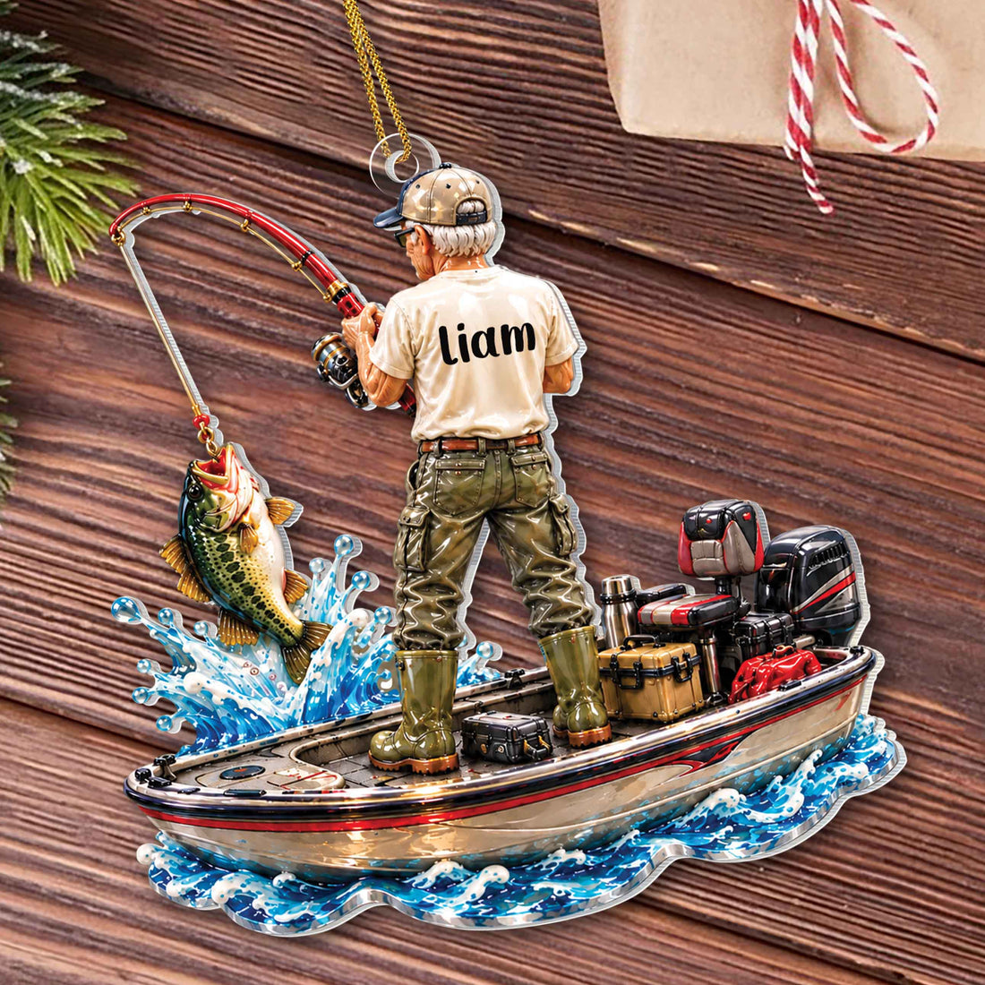 Personalized Fisherman Catching Bass Acrylic Ornament – Custom Name Christmas Tree Holiday Keepsake, Fishing Lover Gift - XMAS023_ACO