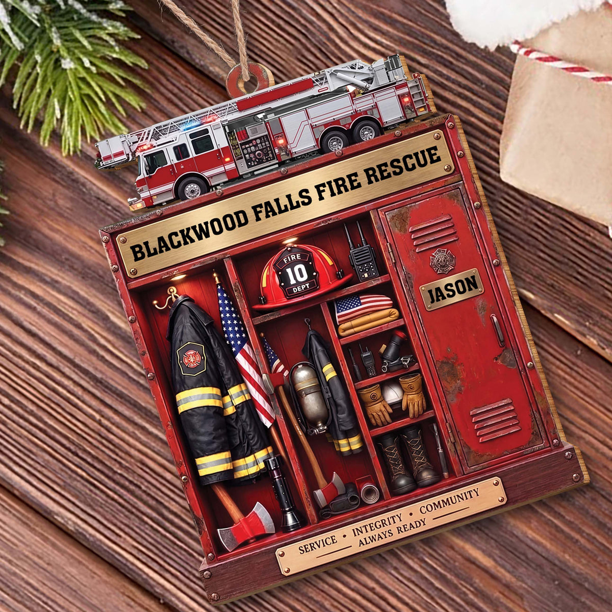 Personalized Firefighter Locker & Fire Truck Christmas Ornament – Custom Shaped Wood Ornament with Name, Firefighter Gift - FIF001_WDO