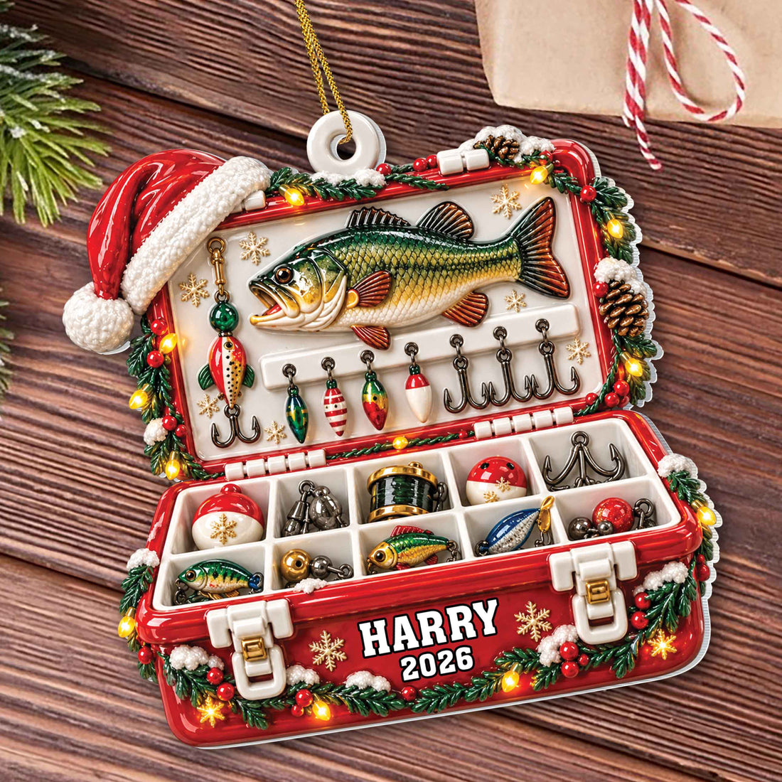 Personalized Fishing Tackle Box Custom Wood Ornament – Unique Christmas Tree Decoration, Custom Name Holiday Gift for Fisherman - XMAS022_WDO