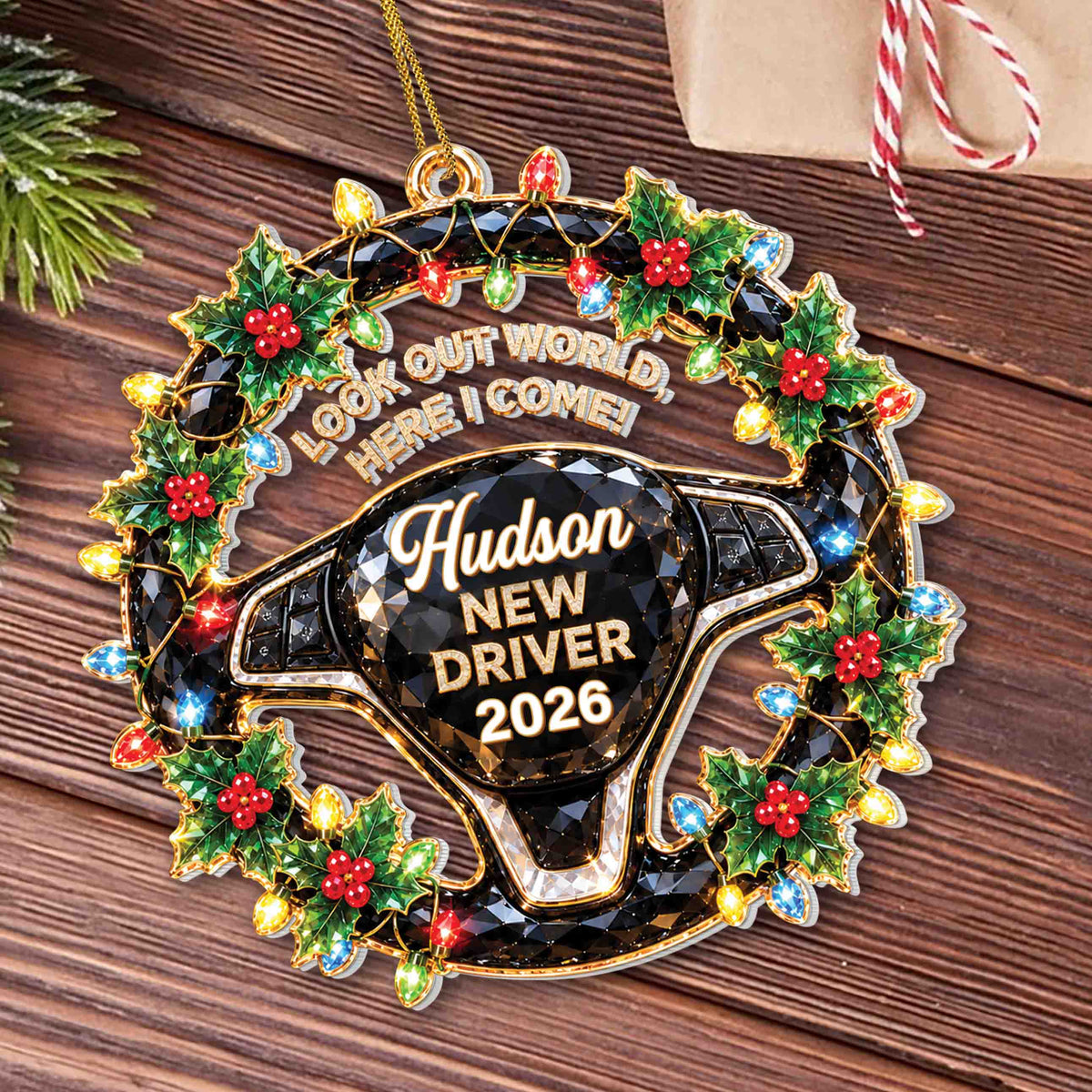 Personalized New Driver Christmas Ornament with Name & Year – Steering Wheel Acrylic Ornament – Christmas Gift for Teen Drivers - XMAS012_ACO