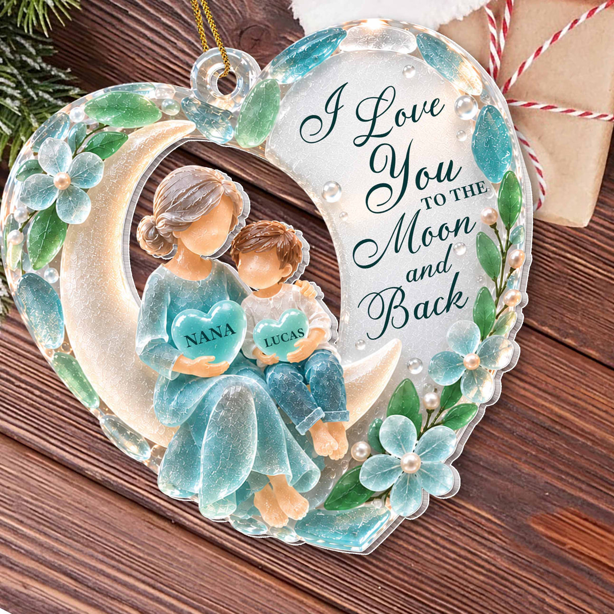 Nana & Grandson Moonlight Keepsake – Personalized Sea Glass Heart Acrylic Ornament, Christmas Gift – GRK002_ACO