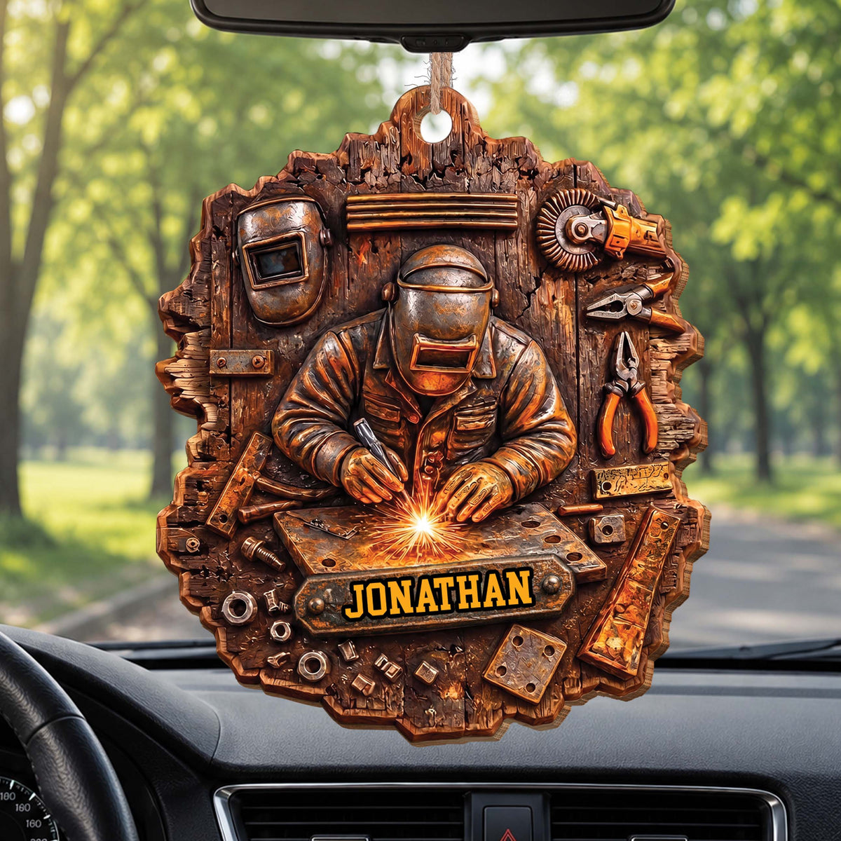 Personalized Welder Ornament With Name & Workshop Tools - Custom Rustic Wood Christmas Ornament, Welding Gift for Him - JBS007_WDO