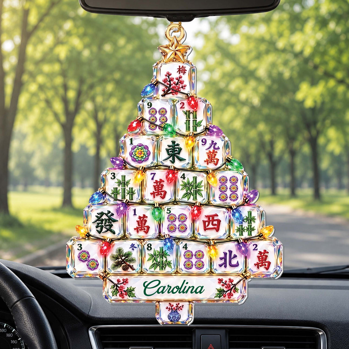Personalized Mahjong Christmas Tree-Shaped Acrylic Ornament – Custom Name, Mahjong Tiles & Pagoda Design, Gift for Mahjong Lovers - XMAS017_ACO