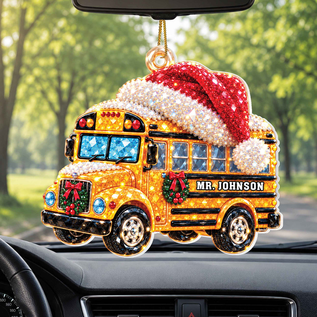 Personalized School Bus Christmas Ornament with Santa Hat & Crystal-Effect Design – White Acrylic Ornament, Bus Driver Gift – JBS005_ACO