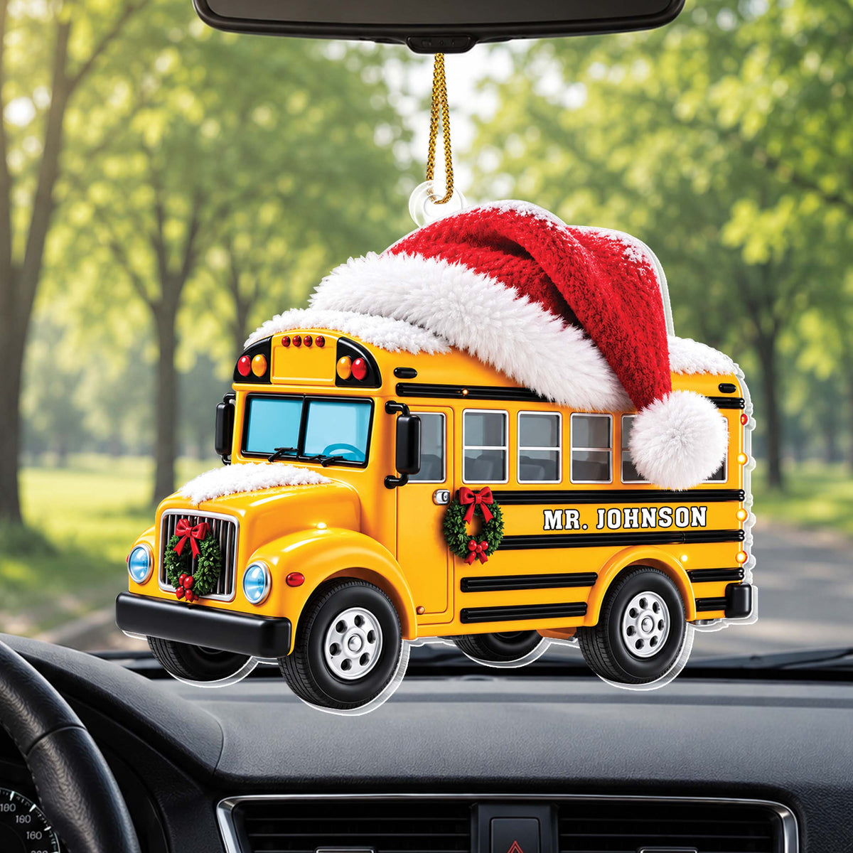 Personalized School Bus With Santa Hat & Christmas Wreath - White Acrylic Ornament - JBS004_ACO