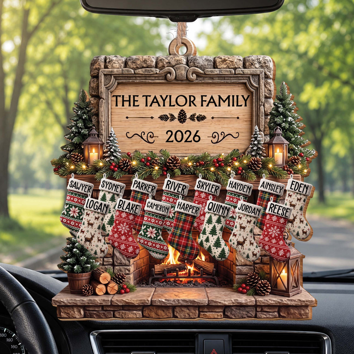 Personalized Family Fireplace Wooden Ornament – Custom Christmas Tree Decor with Stockings and Names, Festive Holiday Gift - FAM009_WDO