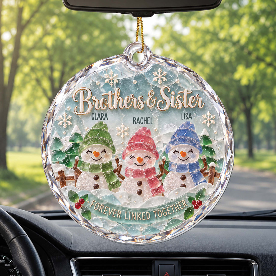 Personalized Sibling Snowman Ornament With Names - Custom Sea Glass-Inspired Acrylic Christmas Ornament, Forever Linked Together Gift for Brothers & Sisters - FAM005_ACO