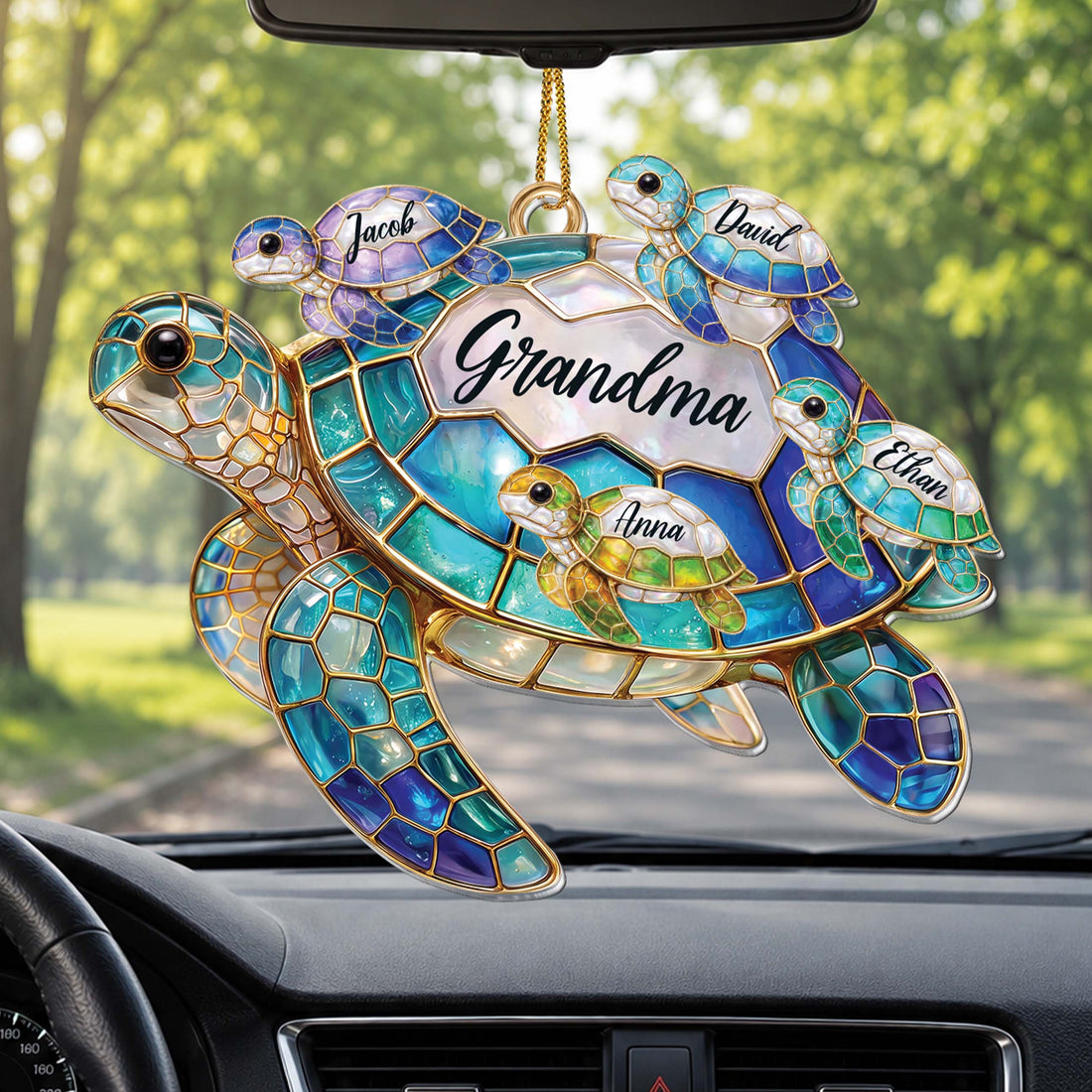 Personalized Grandma Sea Turtle Ornament With Grandkids’ Names - Custom Acrylic Christmas Ornament, Stained Glass-Inspired Turtle Family Gift for Grandma - FAM002_ACO