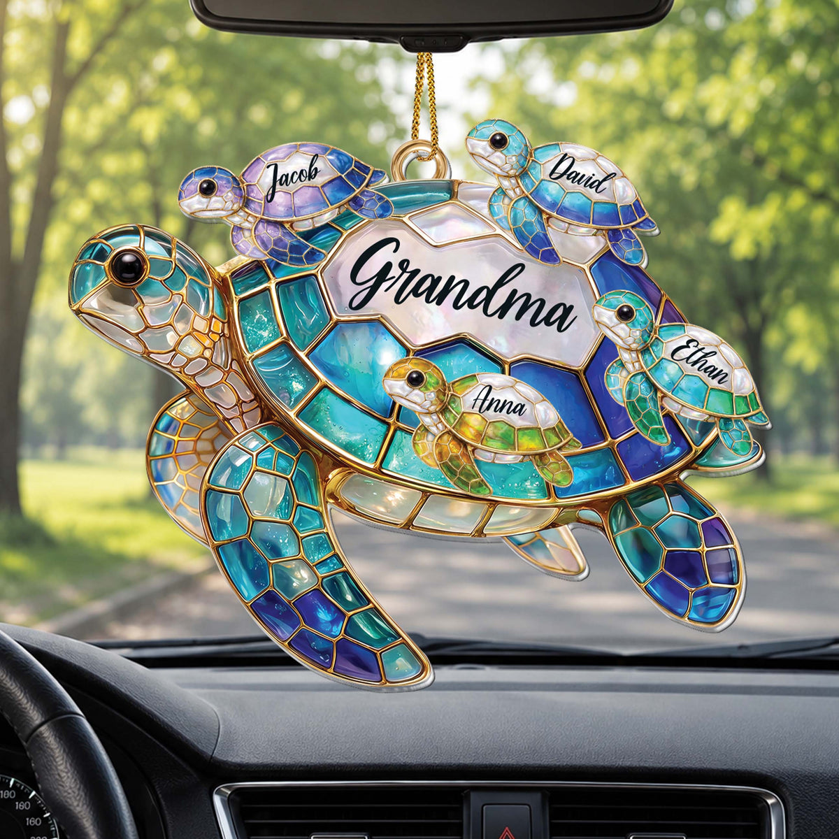 Personalized Grandma Sea Turtle Ornament With Grandkids’ Names - Custom Acrylic Christmas Ornament, Stained Glass-Inspired Turtle Family Gift for Grandma - FAM002_ACO