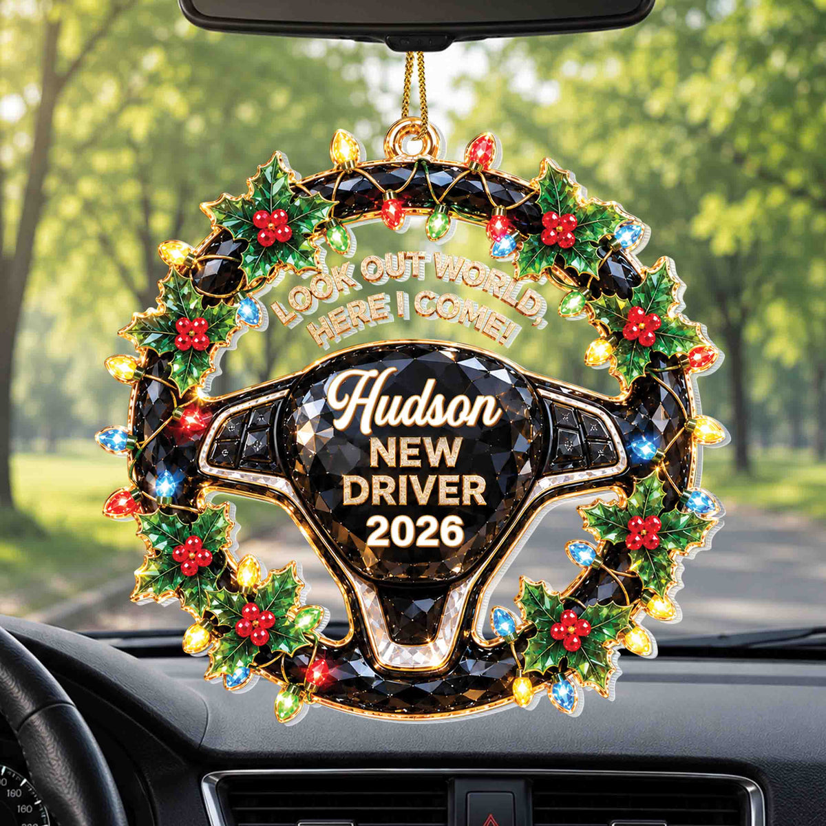 Personalized New Driver Christmas Ornament with Name & Year – Steering Wheel Acrylic Ornament – Christmas Gift for Teen Drivers - XMAS012_ACO