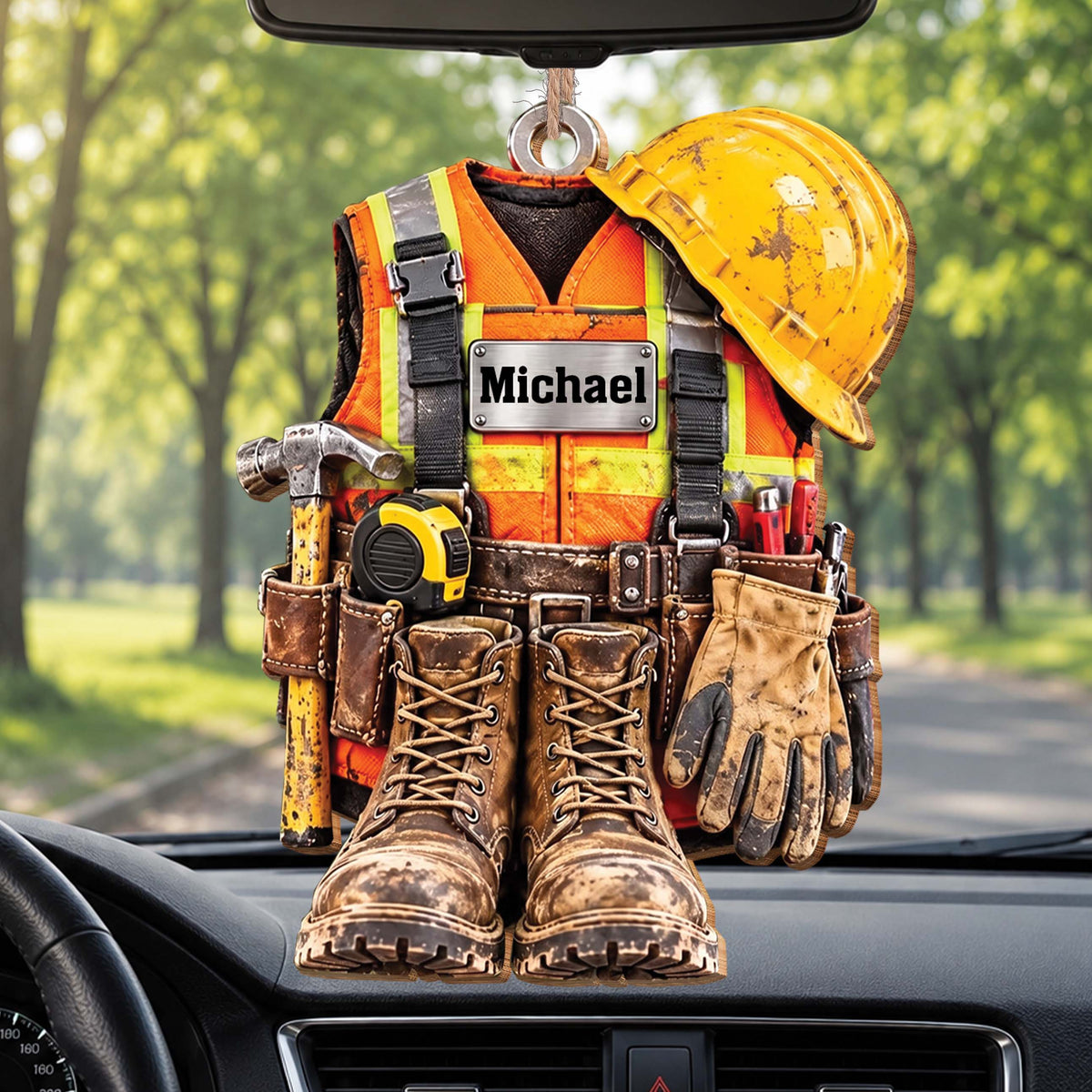 Personalized Construction Worker Wooden Ornament – Custom Name Hard Hat & Vest Christmas Tree Decor, Patriotic Christmas Gift For Handyman - JBS015_WDO