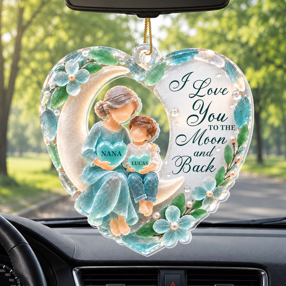 Nana & Grandson Moonlight Keepsake – Personalized Sea Glass Heart Acrylic Ornament, Christmas Gift – GRK002_ACO