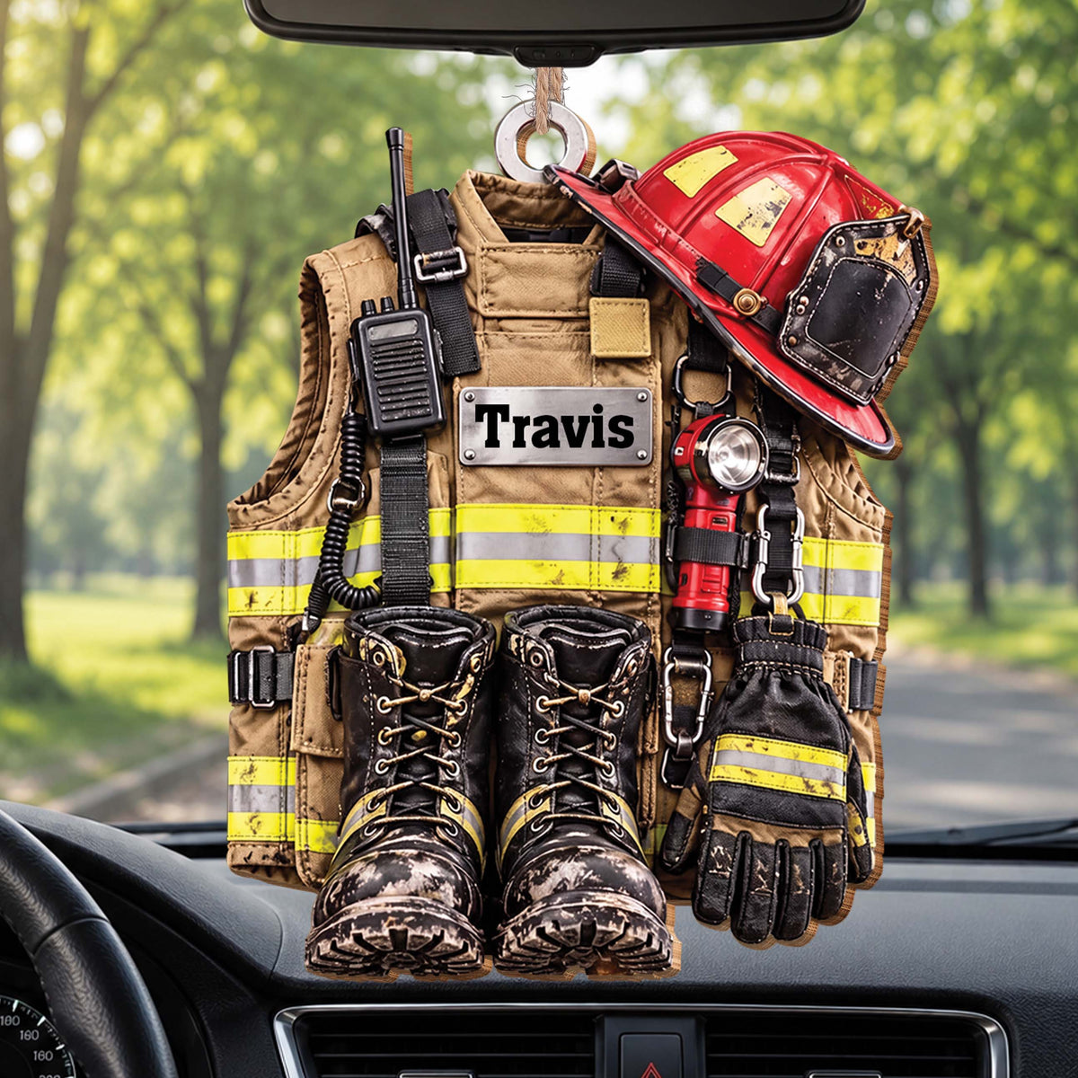 Personalized Firefighter Gear Wooden Ornament – Custom Name Firefighter Christmas Tree Decoration, Holiday Gift for Firefighter - FIF002_WDO