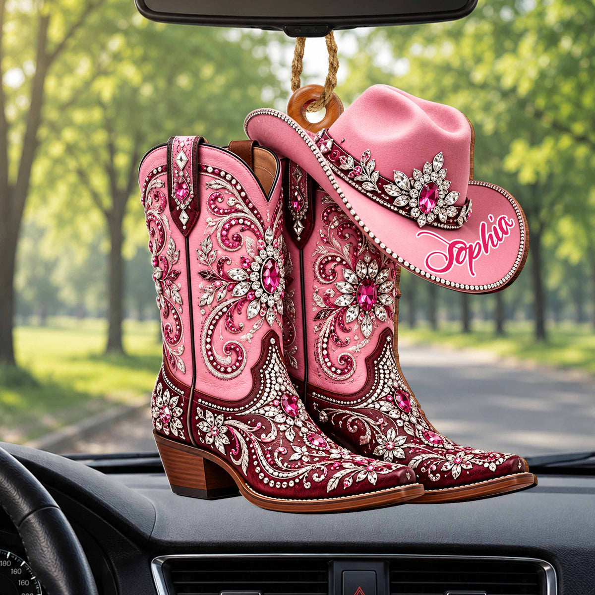 Personalized Pink Cowgirl Boots & Hat Ornament – Custom Western Christmas Ornament, Rhinestone Cowboy Gift for Her – FAM003_WDO