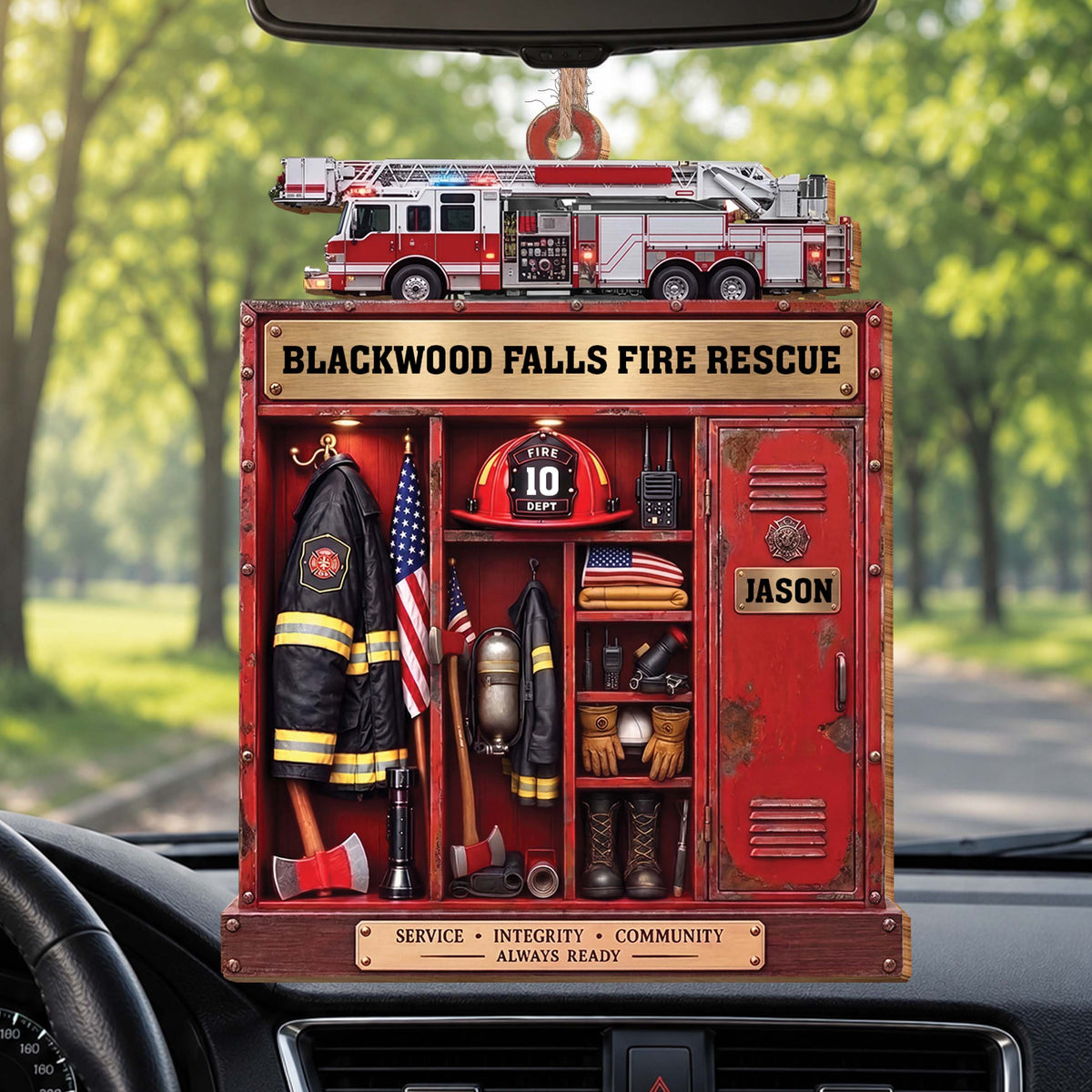 Personalized Firefighter Locker & Fire Truck Christmas Ornament – Custom Shaped Wood Ornament with Name, Firefighter Gift - FIF001_WDO