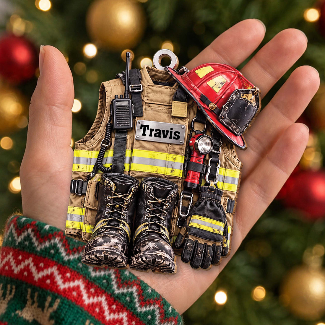 Personalized Firefighter Gear Wooden Ornament – Custom Name Firefighter Christmas Tree Decoration, Holiday Gift for Firefighter - FIF002_WDO