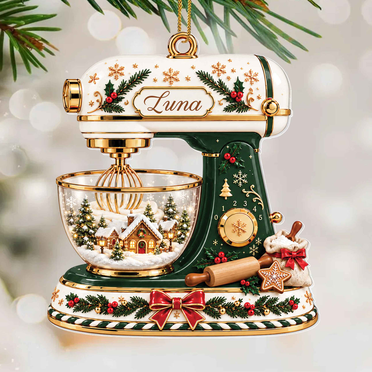 Personalized Stand Mixer Christmas Ornament with Name & Winter Village – Custom Acrylic Ornament, Christmas Gift for Bakers & Baking Lovers - XMAS006_ACO
