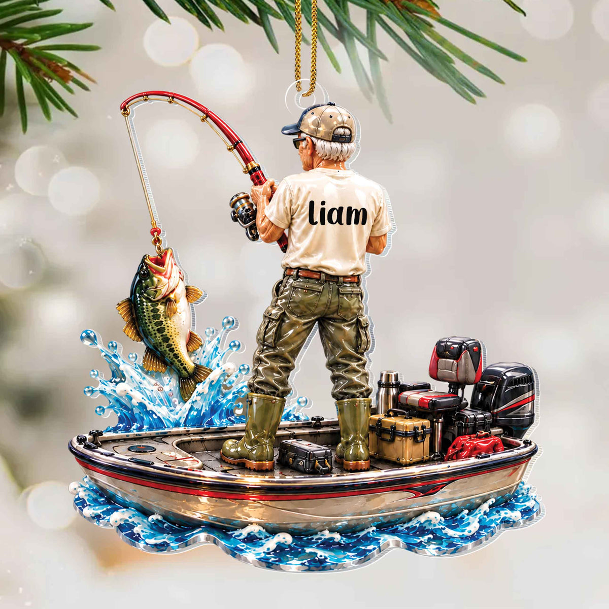 Personalized Fisherman Catching Bass Acrylic Ornament – Custom Name Christmas Tree Holiday Keepsake, Fishing Lover Gift - XMAS023_ACO