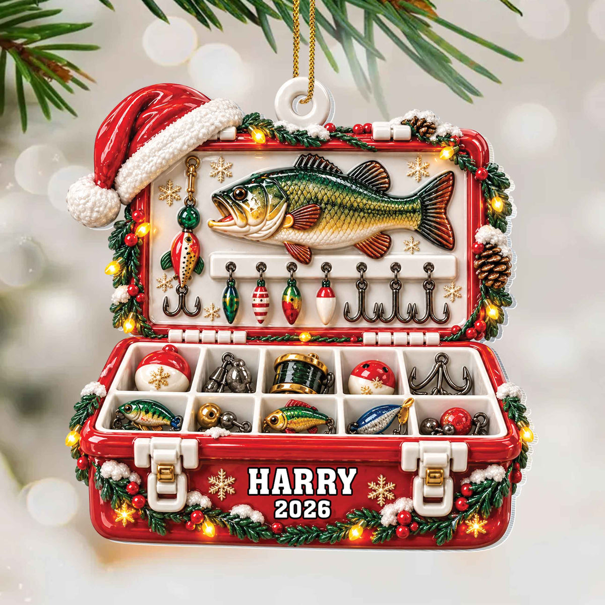 Personalized Fishing Tackle Box Custom Wood Ornament – Unique Christmas Tree Decoration, Custom Name Holiday Gift for Fisherman - XMAS022_WDO